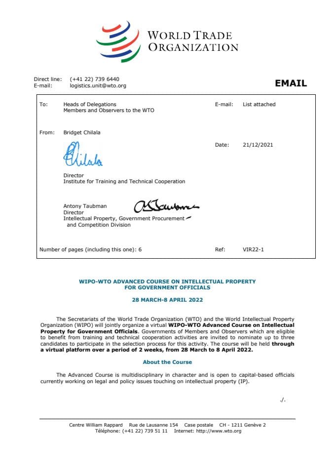 Invitation Letter - WTO-WIPO Advanced Course on IP_VIR22-1