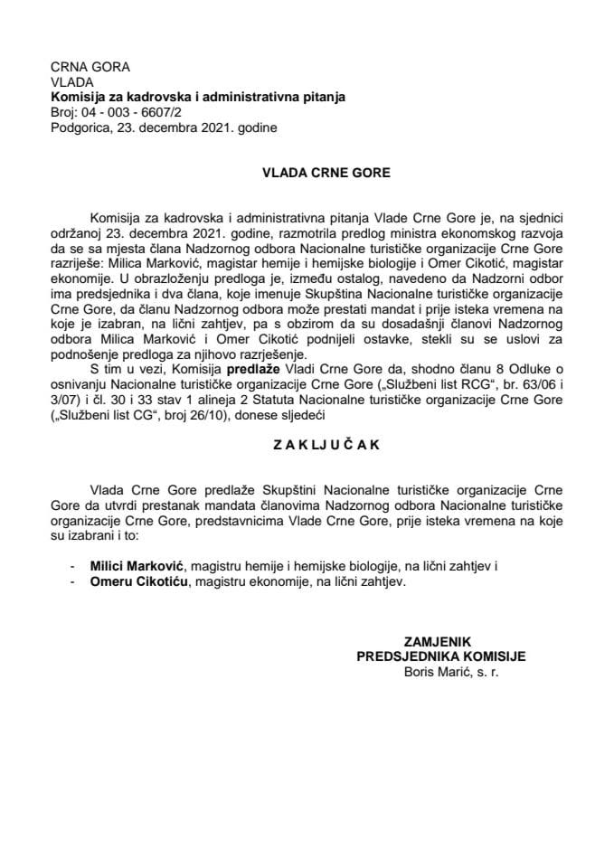 Predlog za razrješenje dva člana Nadzornog odbora Nacionalne turističke organizacije Crne Gore