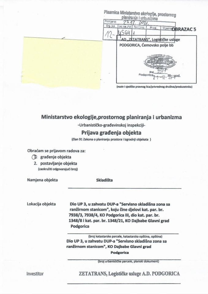 Prijava građenja objekta - 12-4564-1 ZETATRANS LOGISTIČKE USLUGE AD PODGORICA