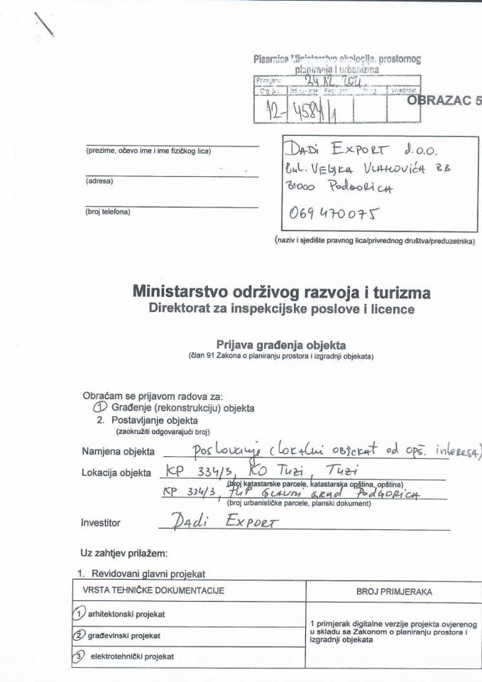 Prijava građenja objekta - 12-4584-1 DADI EXPORT DOO