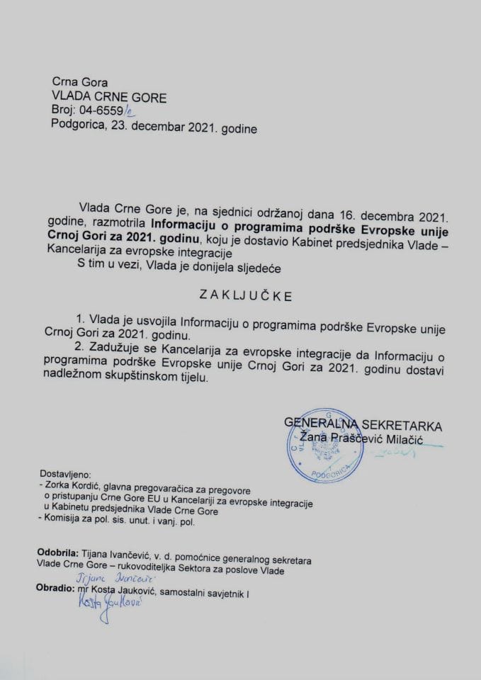 Informacija o programima podrške Evropske unije Crnoj Gori za 2021. godinu - zaključci
