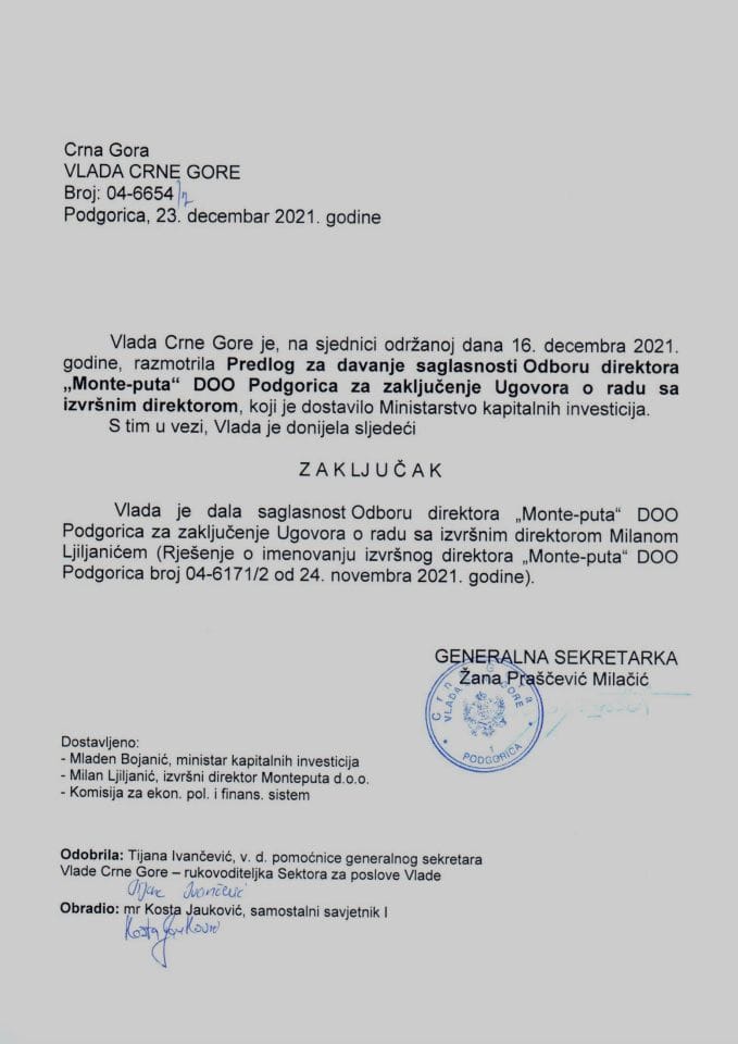 Predlog za davanje saglasnosti Odboru direktora „Monte-puta“ DOO Podgorica za zaključenje Ugovora o radu sa izvršnim direktorom - zaključci