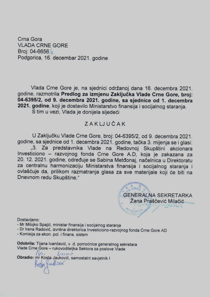 Предлог за измјену Закључка Владе Црне Горе, број: 04-6395/2, од 9. децембра 2021. године, са сједнице од 1. децембра 2021. године - закључци