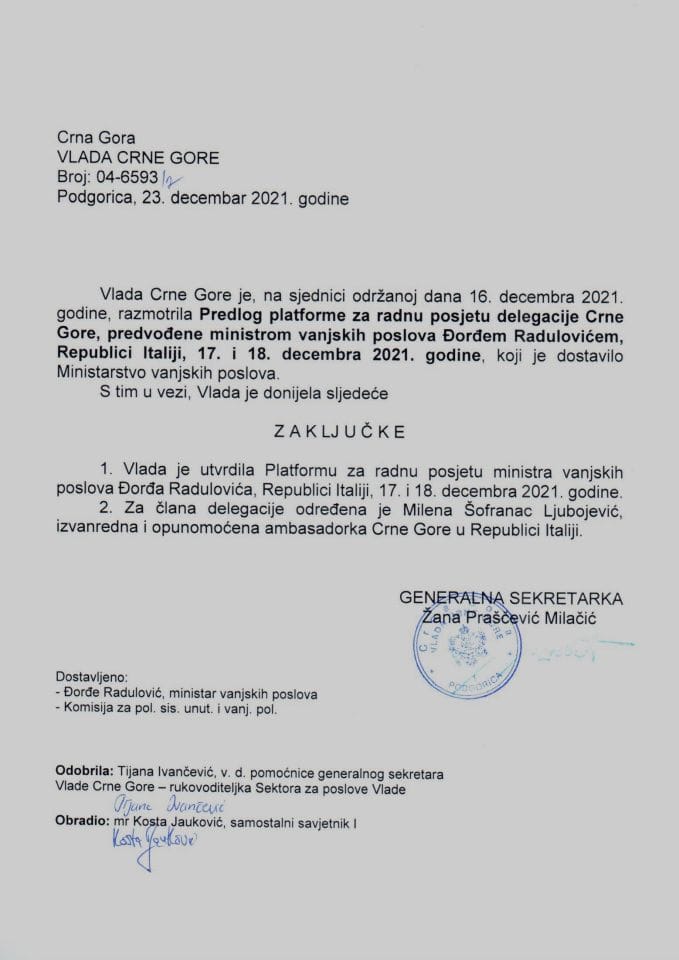 Predlog platforme za radnu posjetu delegacije Crne Gore, predvođene ministrom vanjskih poslova Đorđem Radulovićem, Republici Italiji, 17. i 18. decembra 2021. godine - zaključci