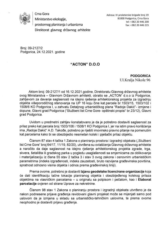 Obavještenja - Saglasnosti glavnog državnog arhitekte - 24.12.2021. Obavještenje - ACTON D.O.O Podgorica - Glavni grad Podgorica