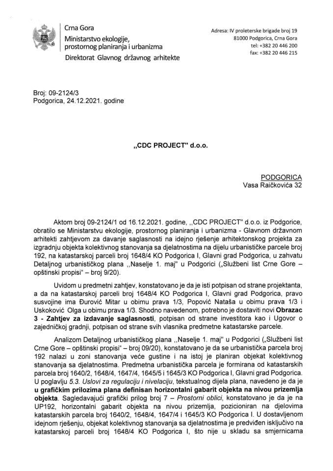 Obavještenja - Saglasnosti glavnog državnog arhitekte - 24.12.2021. - Objavještenje - CDC PROJECT D.O.O Podgorica - Glavni grad Podgorica