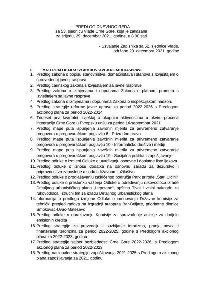 Предлог дневног реда за 53. сједницу Владе Црне Горе
