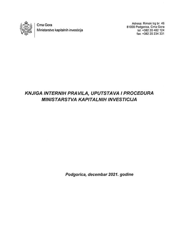 Knjiga internih pravila, uputstava i procedura Ministarstva kapitalnih investicija