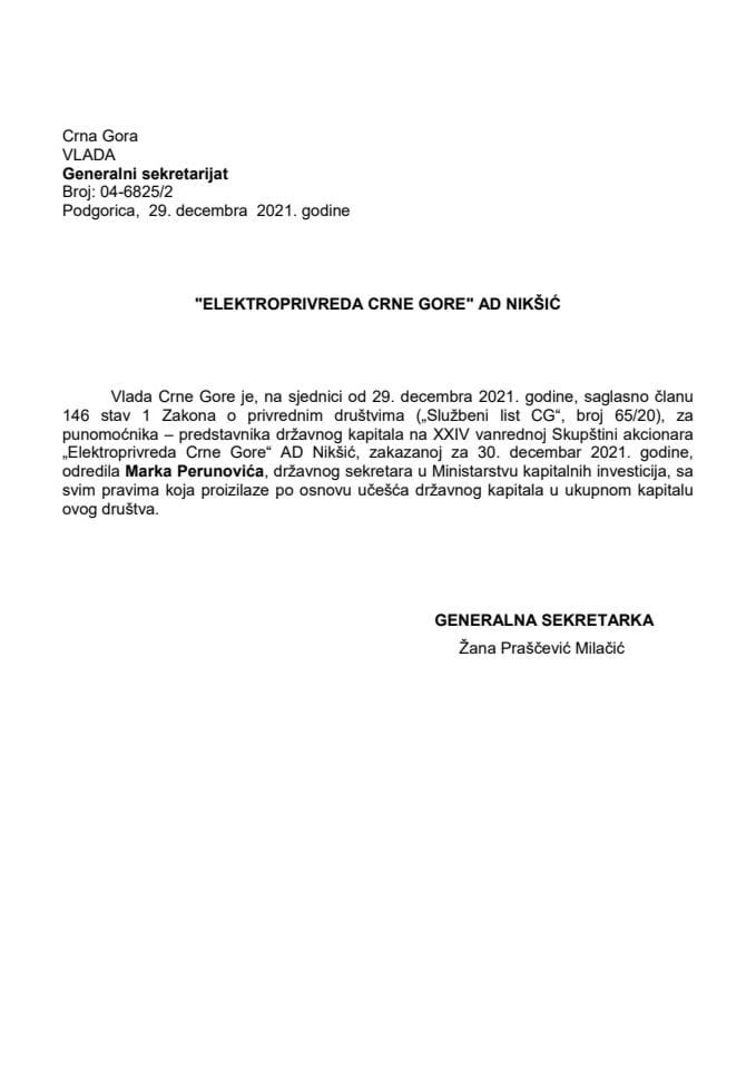 Predlog za određivanje punomoćnika - predstavnika državnog kapitala na XXIV vanrednoj Skupštini akcionara "Elektroprivreda Crne Gore" a.d. Nikšić