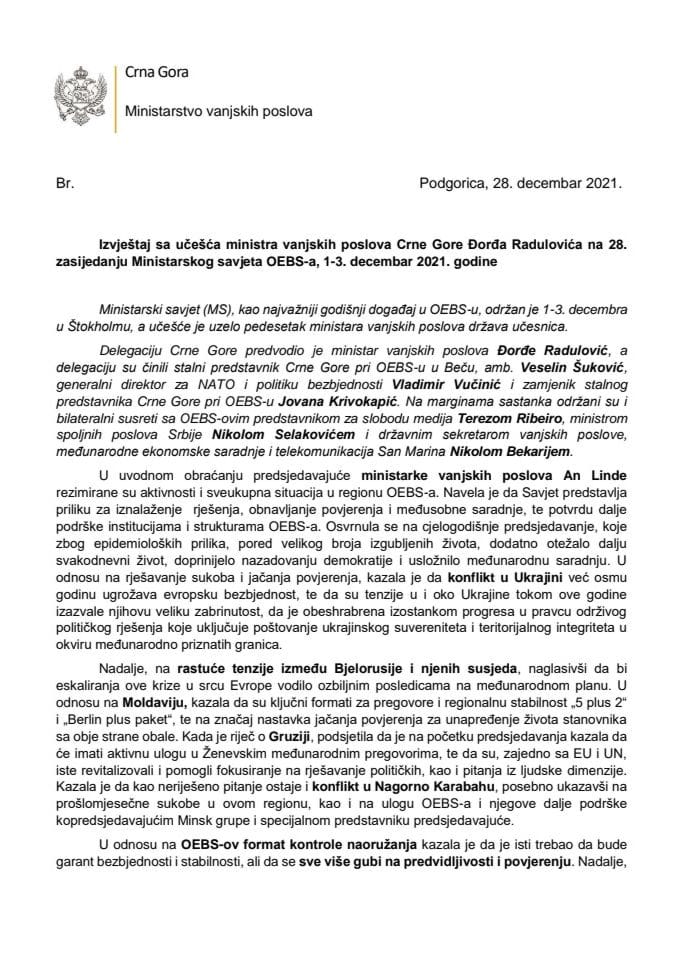 Izvještaj o učešću ministra vanjskih poslova Crne Gore Đorđa Radulovića na 28. zasijedanju Ministarskog savjeta OEBS-a, 1-3. decembar 2021. godine
