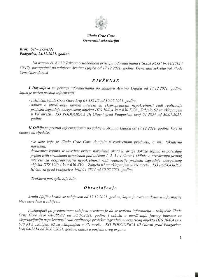 Informacija kojoj je pristup odobren po zahtjevu Armina Ljajića od 17.12.2021. godine - UP - 293- 1/21