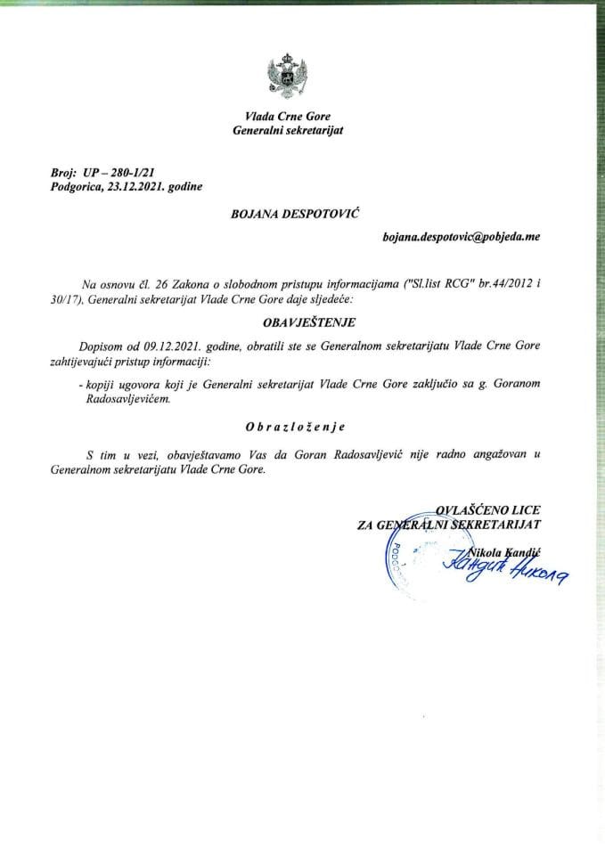 Informacija kojoj je pristup odobren po zahtjevu Bojane Despotović od 09.12.2021. godine - UP-280-1/21
