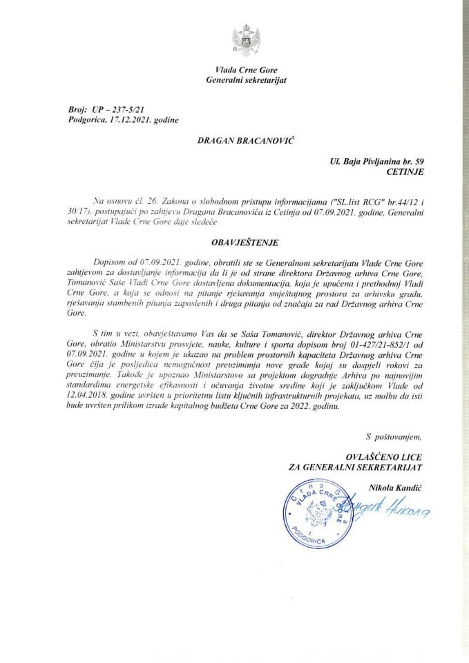 Informacija kojoj je pristup odobren po zahtjevu Dragana Bracanovića od 07.09.2021. godine - UP-237-5/21