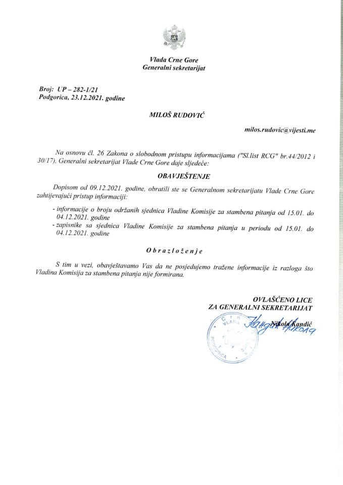 Информација којој је приступ одобрен по захтјеву Милоша Рудовића од 09.12.2021. године - УП-237-5/21