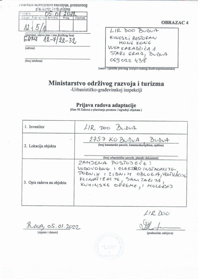 Prijava radova adaptacije - 12-5-1 LIR DOO BUDVA