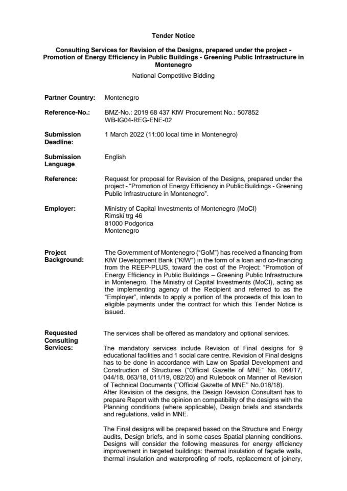 Tender Notice - Consulting Services for Revision of the Designs, prepared under the project - Promotion of Energy Efficiency in Public Buildings - Greening Public Infrastructure in Montenegro
