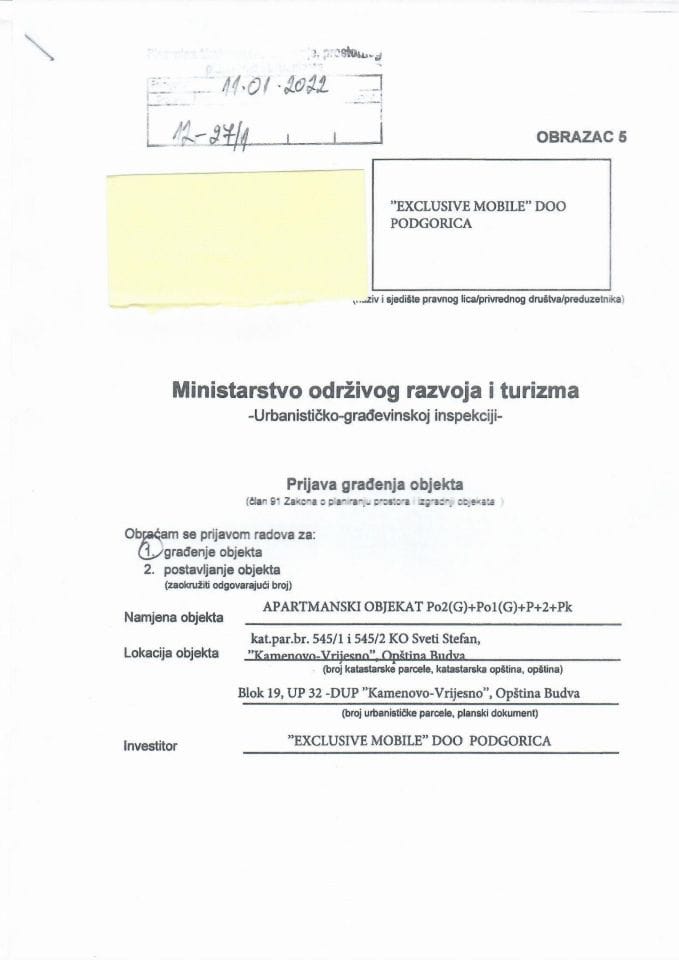 Prijava građenja objekta - 12-27-1 EXCLUSIVE MOBILE DOO PODGORICA