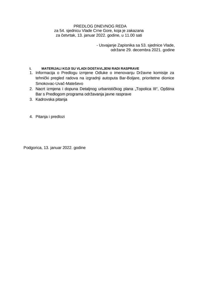 Predlog dnevnog reda za 54. sjednicu Vlade Crne Gore