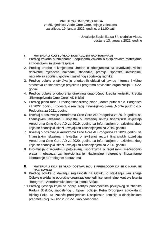 Predlog dnevnog reda za 55. sjednicu Vlade Crne Gore