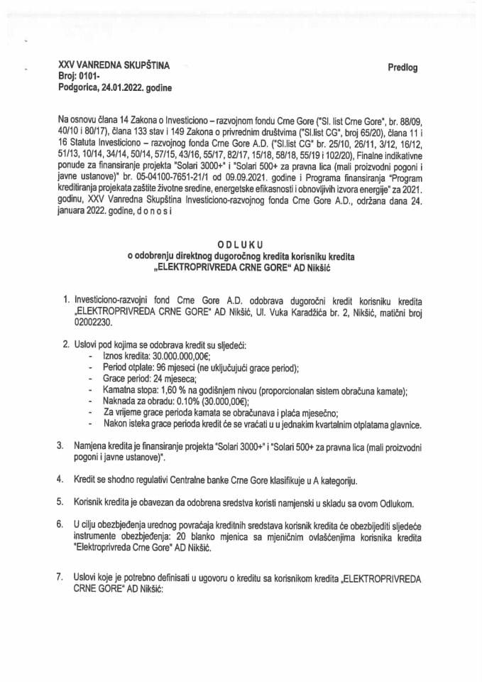Предлог одлуке о одобрењу директног дугорочног кредита кориснику кредита „Електропривреда Црне Горе“ АД Никшић