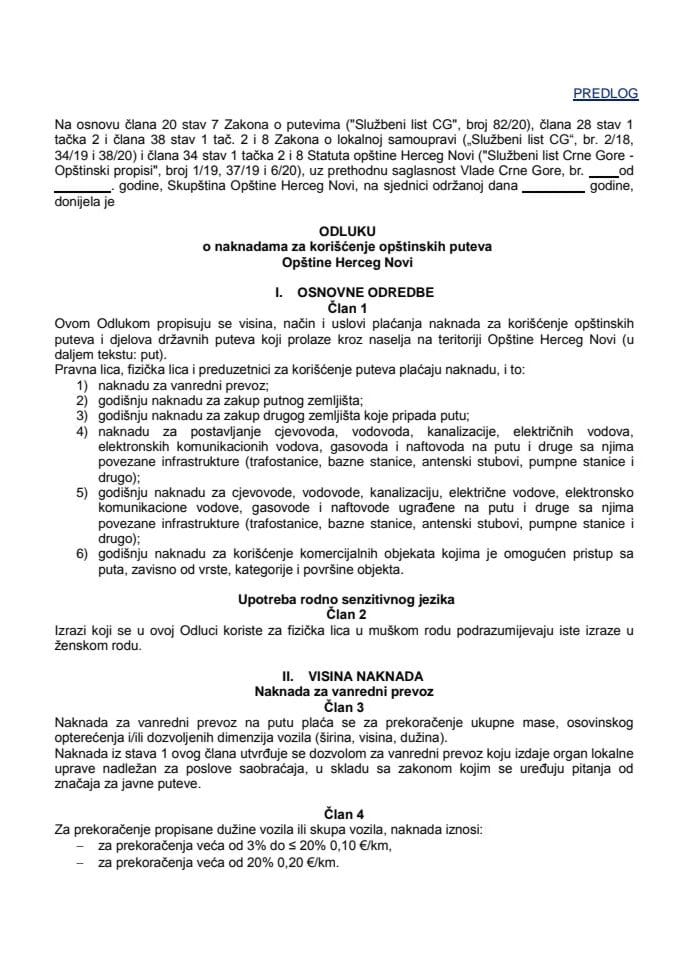 Predlog odluke o naknadama za korišćenje opštinskih puteva Opštine Herceg Novi