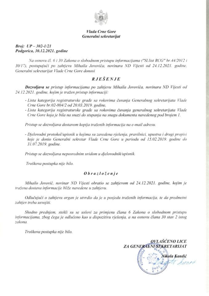 Informacija kojoj je pristup odobren po zahtjevu Mihaila Jovovića, novinara ND Vijesti od 24.12.2021. godine - UP-302-1/21
