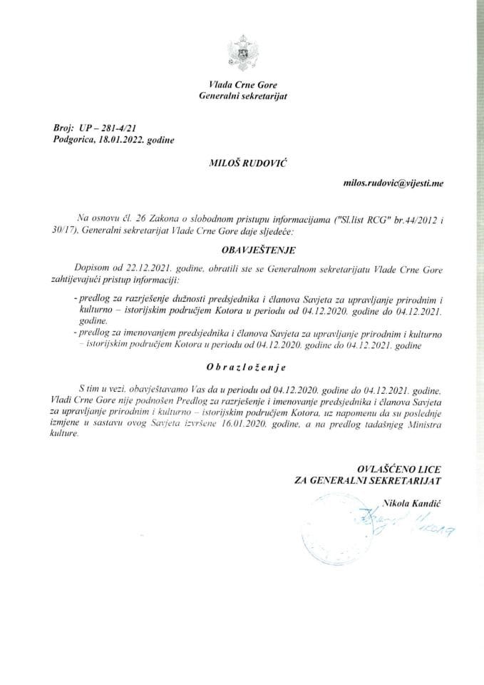 Информација којој је приступ одобрен по захтјеву Милоша Рудовића од 22.12.2021. године - УП-281-4/21