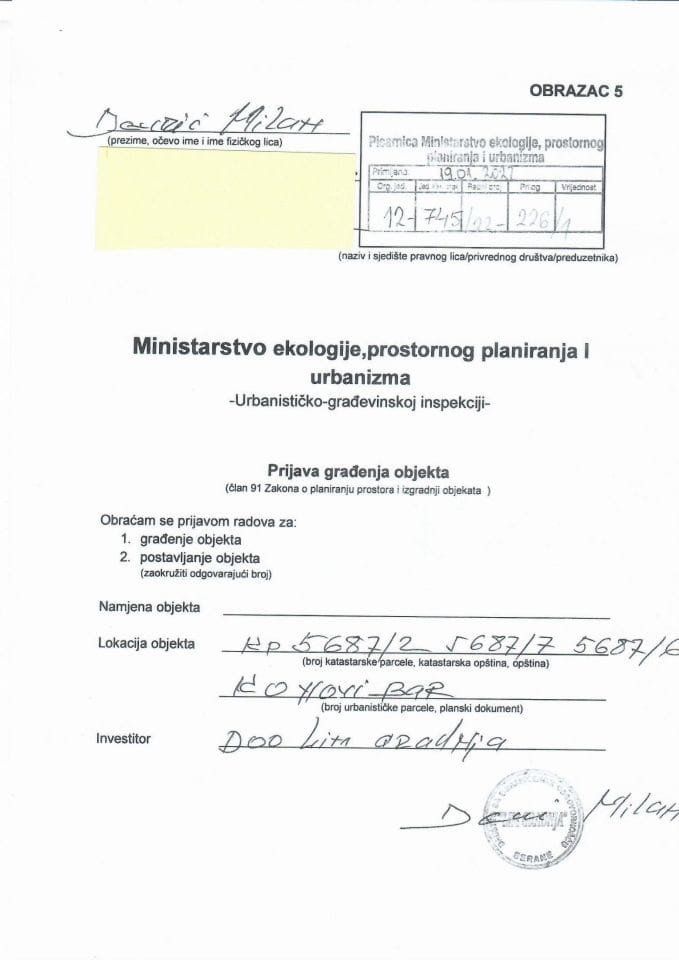 Prijava građenja objekta - 12-745-22-226-1 DOO LIM GRADNJA