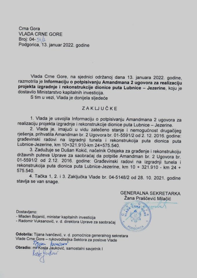 Informacija o potpisivanju Amandmana 2 Ugovora za realizaciju projekta izgradnje i rekonstrukcije dionice puta Lubnice-Jezerine - zaključci