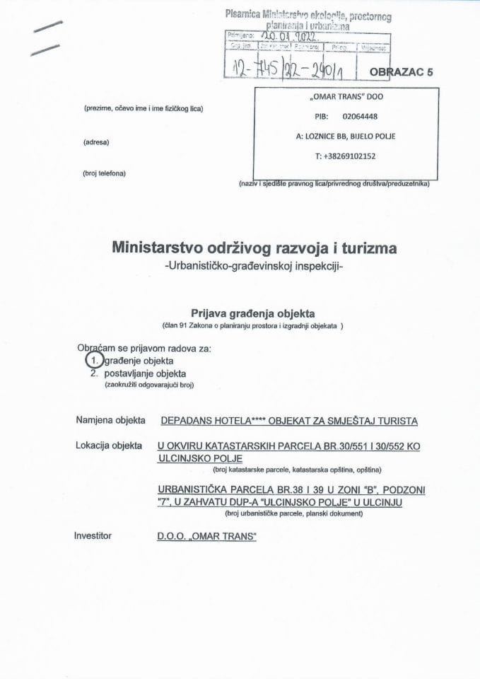 Prijava građenja objekta - 12-745-22-240-1 DOO OMAR TRANS
