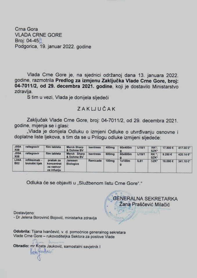 Предлог за измјену Закључка Владе Црне Горе, број: 04-7011/2, од 29. децембра 2021. године везаног за Одлуку о измјени Одлуке о утврђивању основне и доплатне листе љекова - закључци