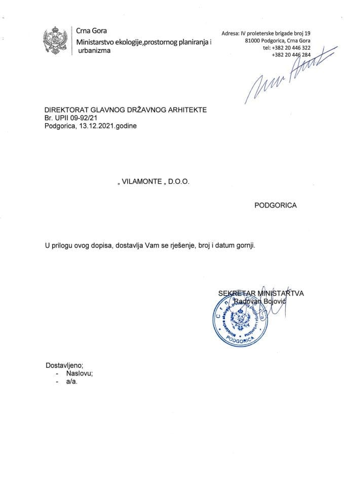 Rješenje po žalbi glavnog državnog arhitekte - 13.12.2021. - Rješenje - VILAMONTE D.O.O Podgorica - Opština Budva
