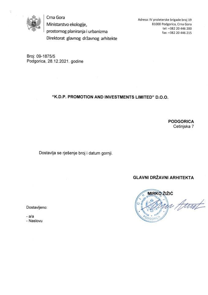 Rješenje glavnog državnog arhitekte - 09-1875/5 - KDP Promotion and Investment limited DOO Podgorica- Opština Budva