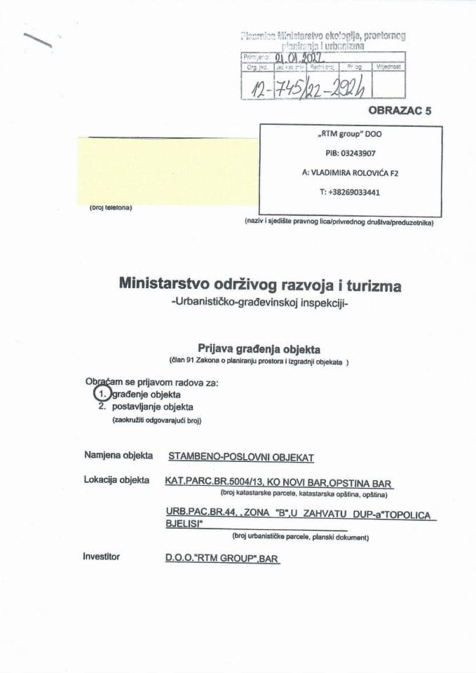 Prijava građenja objekta - 12-745-22-292-1 DOO RTM GROUP BAR