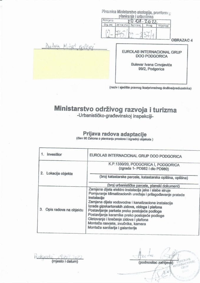 Prijava radova adaptacije - 12-745-22-237-1 EUROLAB INTERNACIONAL GROUP DOO PODGORICA