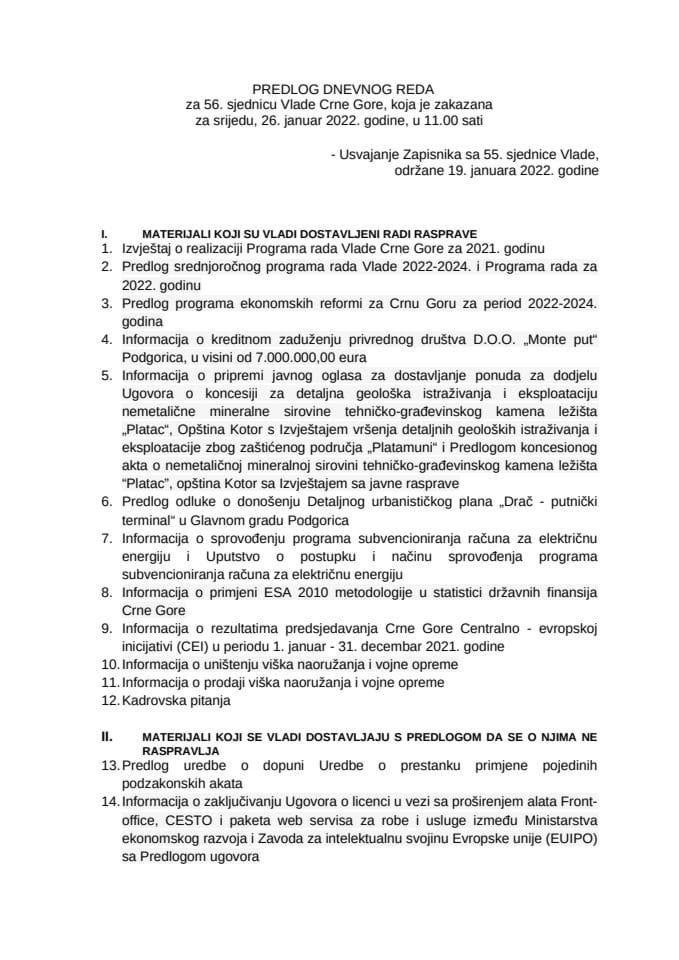 Predlog dnevnog reda za 56. sjednicu Vlade Crne Gore