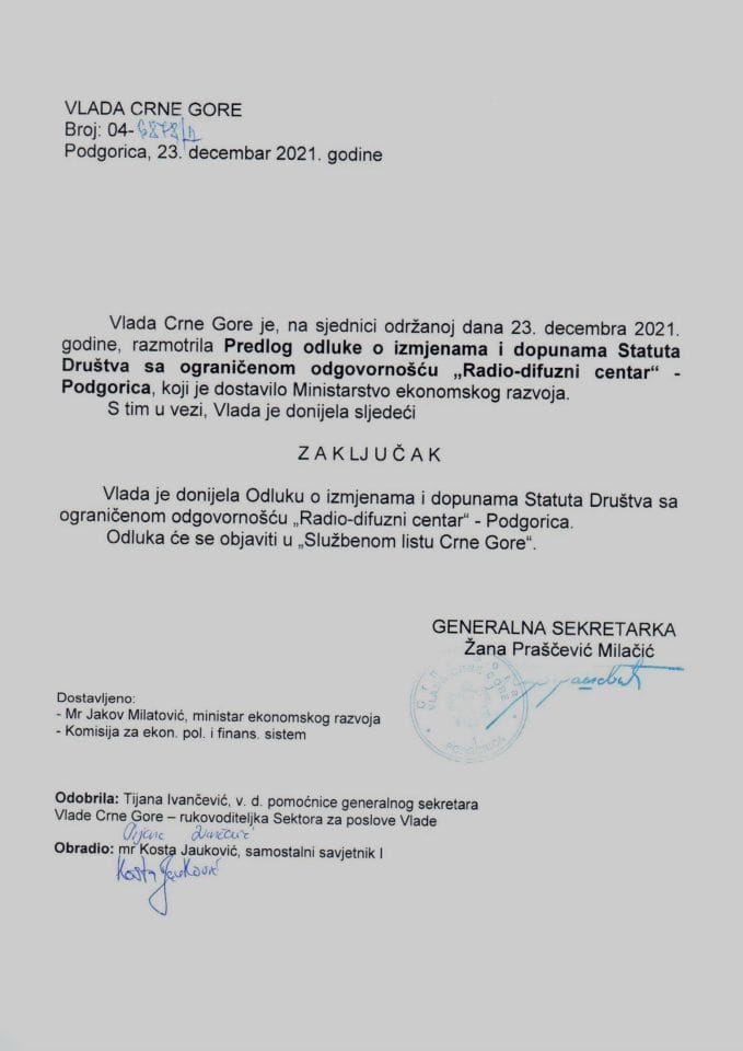 Predlog odluke o izmjenama i dopunama Statuta Društva sa ograničenom odgovornošću „Radio-difuzni centar“ - Podgorica - zaključci