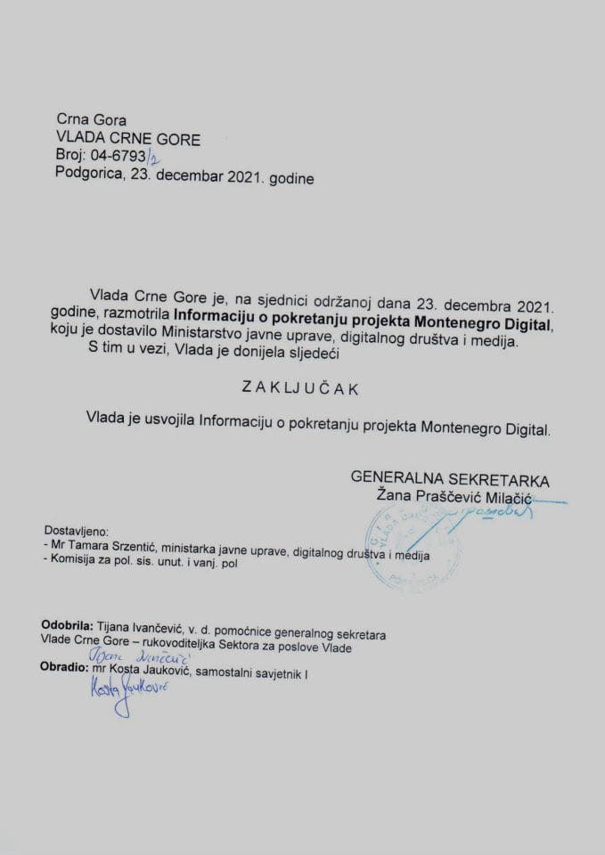 Informacija o pokretanju projekta Montenegro Digital - zaključci