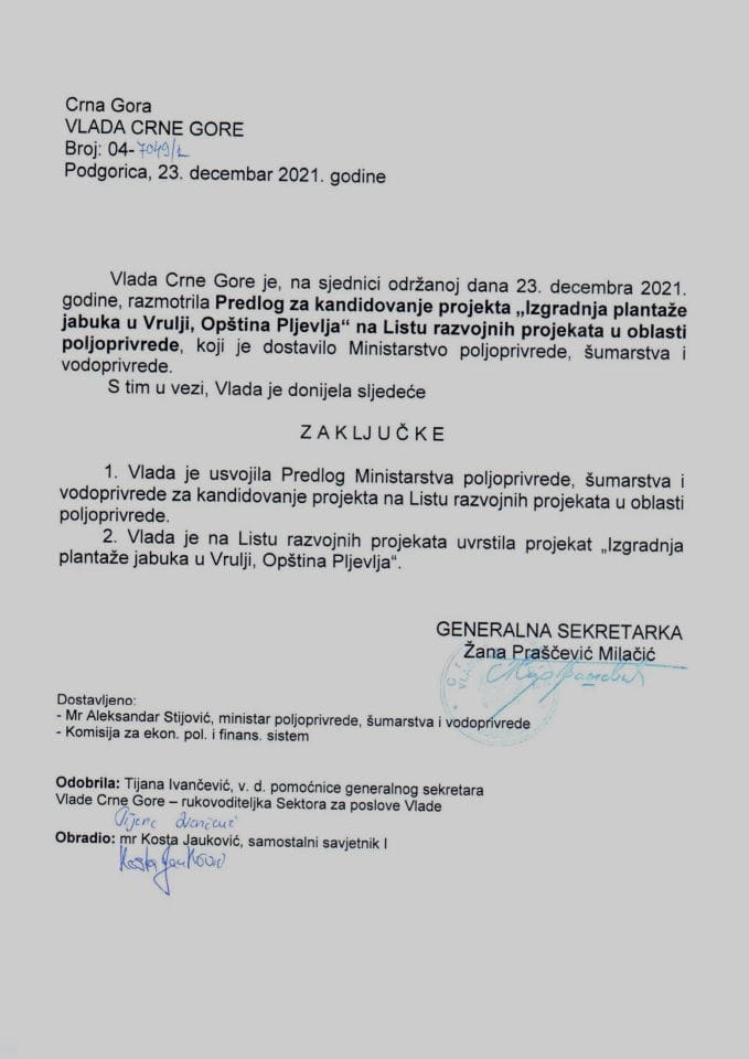 Predlog za kandidovanje projekta „Izgradnja plantaže jabuka u Vrulji, opština Pljevlja“ na Listu razvojnih projekata u oblasti poljoprivrede - zaključci