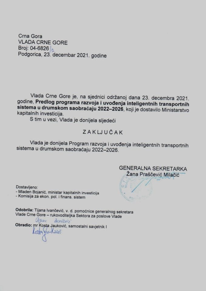 Predlog programa razvoja i uvođenja inteligentnih transportnih sistema u drumskom saobraćaju u Crnoj Gori za period 2022-2026 - zaključci