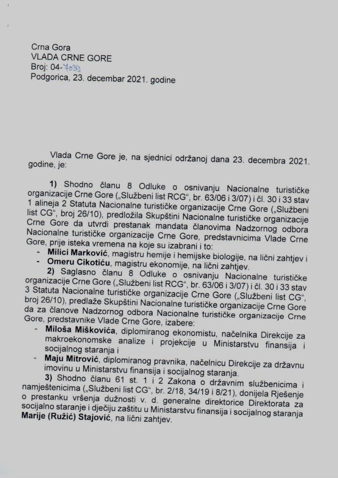 Kadrovska pitanja - 52. sjednica Vlade Crne Gore - zaključci