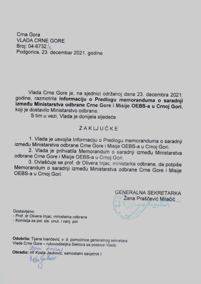 Предлог меморандума о сарадњи између Министарства одбране Црне Горе и Мисије ОЕБС-а у Црној Гори (без расправе) - закључци
