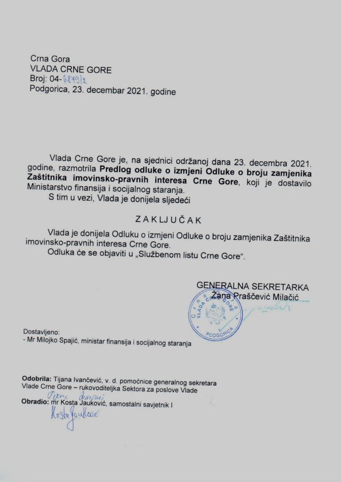 Predlog odluke o izmjeni Odluke o broju zamjenika Zaštitnika imovinsko-pravnih interesa Crne Gore - zaključci