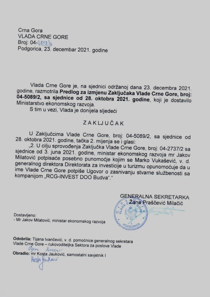 Предлог за измјену Закључака Владе Црне Горе, број: 04-5089/2, са сједнице од 28. октобра 2021. године - закључци