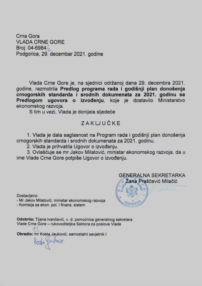 Predlog programa rada i godišnji plan donošenja crnogorskih standarda i srodnih dokumenata za 2021. godinu sa Predlogom ugovora o izvođenju - zaključci
