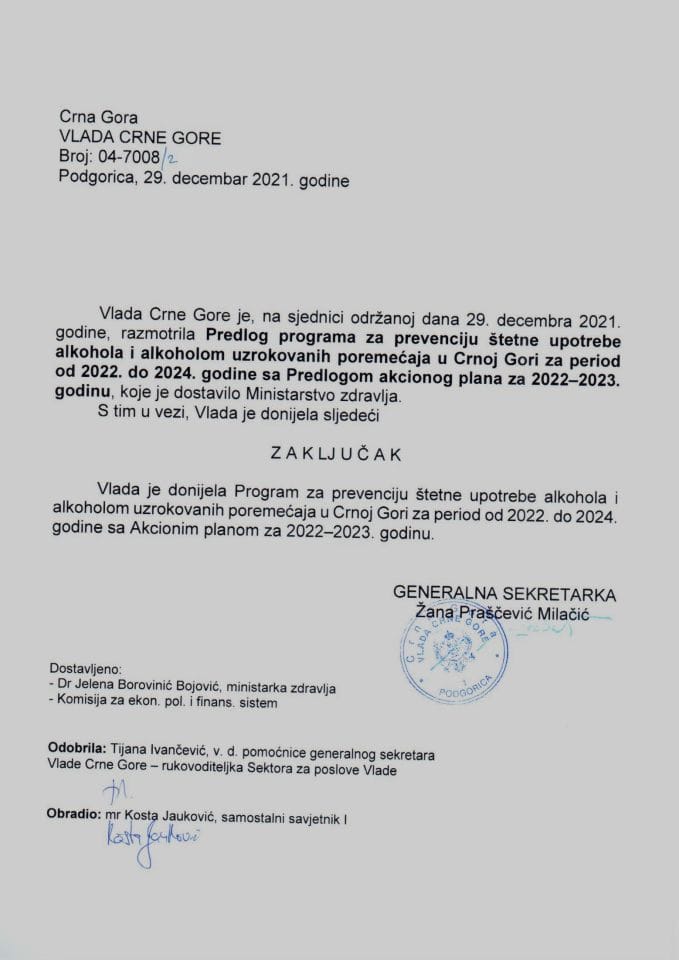 Предлог програма за превенцију штетне употребе алкохола и алкохолом узрокованих поремећаја у Црној Гори од 2022. до 2024. године са Предлогом акционог плана за 2022-2023. годину - закључци