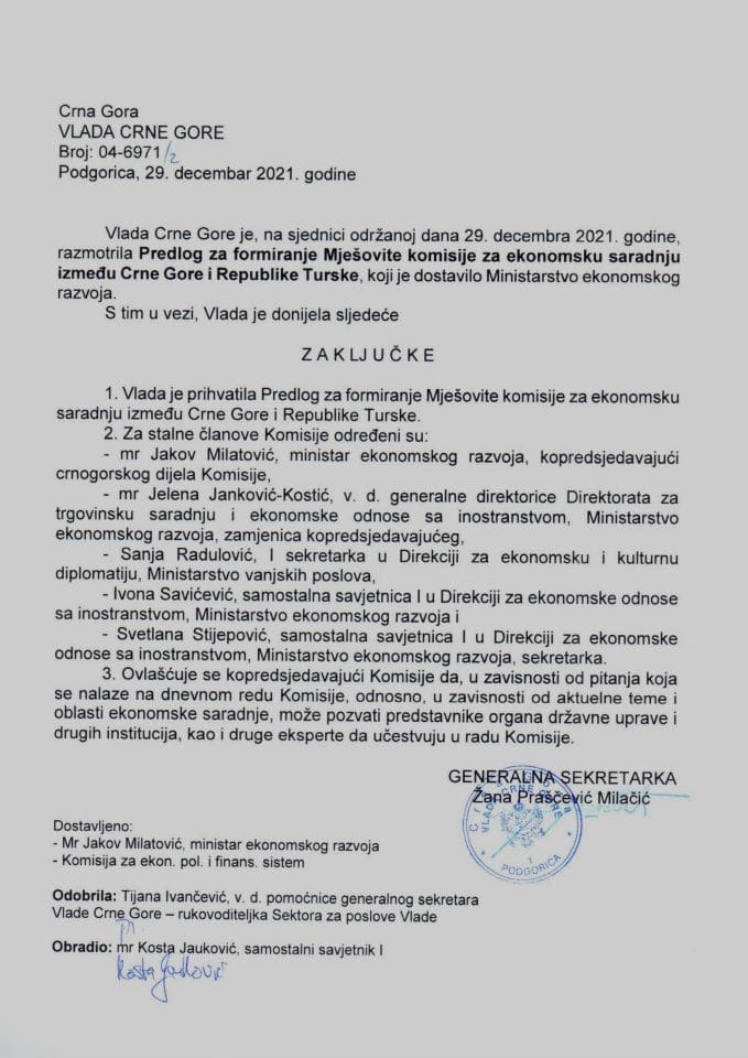 Predlog za formiranje Mješovite komisije za ekonomsku saradnju između Crne Gore i Republike Turske - zaključci