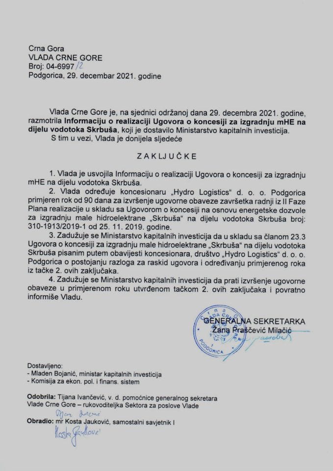 Informacija o realizaciji Ugovora o koncesiji za izgradnju mHE na dijelu vodotoka Skrbuša - zaključci
