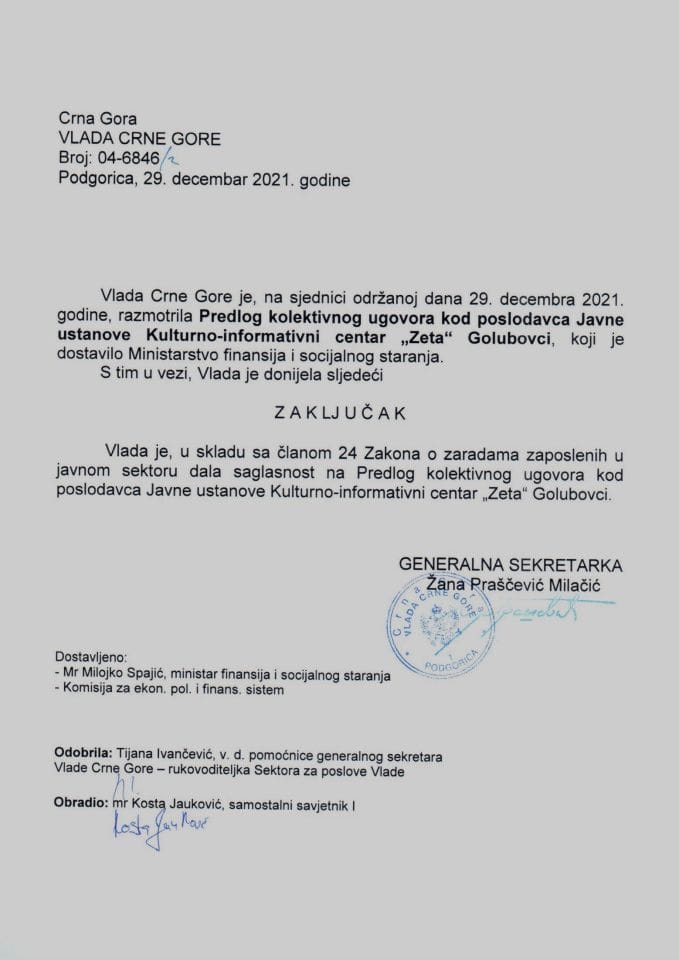 Predlog kolektivnog ugovora kod poslodavca Javne ustanove Kulturno-informativni centar „Zeta“ Golubovci - zaključci