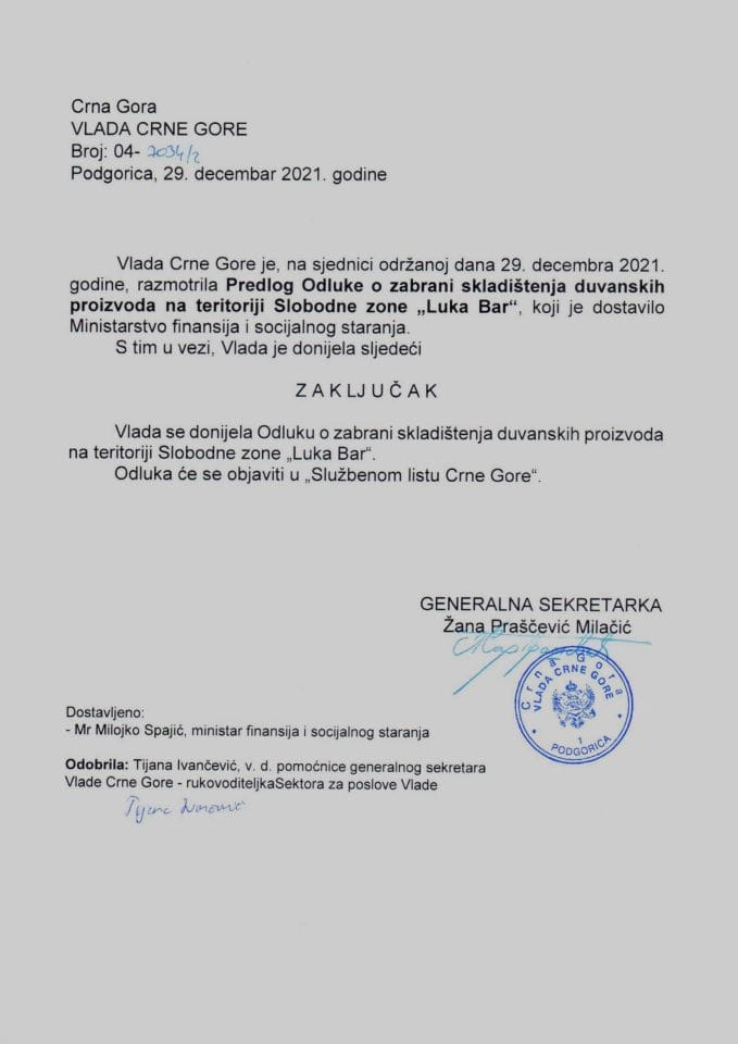 Предлог одлуке о забрани складиштења дуванских производа на територији Слободне зоне “Лука Бар” - закључци